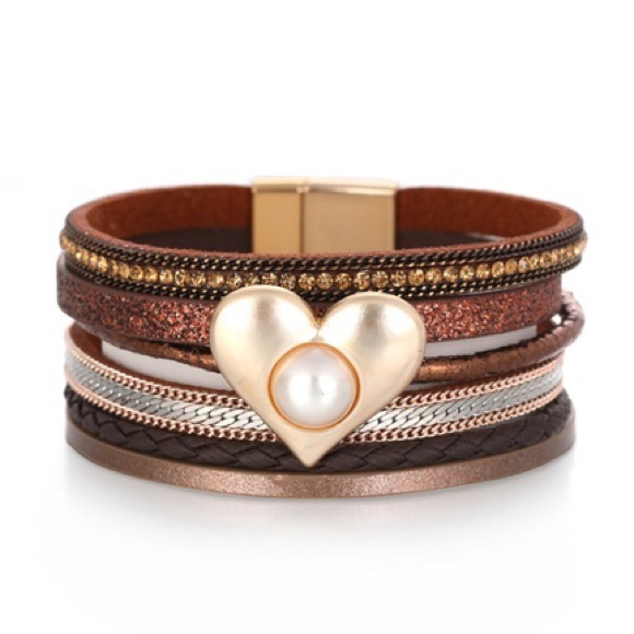 Jewelry - Bohemian Multi-layer leather Bracelet gold heart faux Pearl